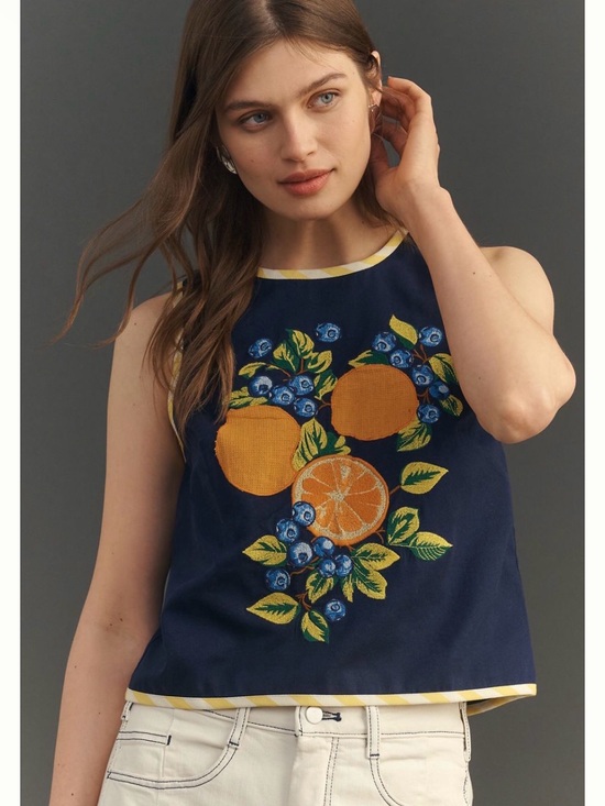 Maeve Tops - Maeve Navy Tank with Orange & Yellow Fruit Embroidery